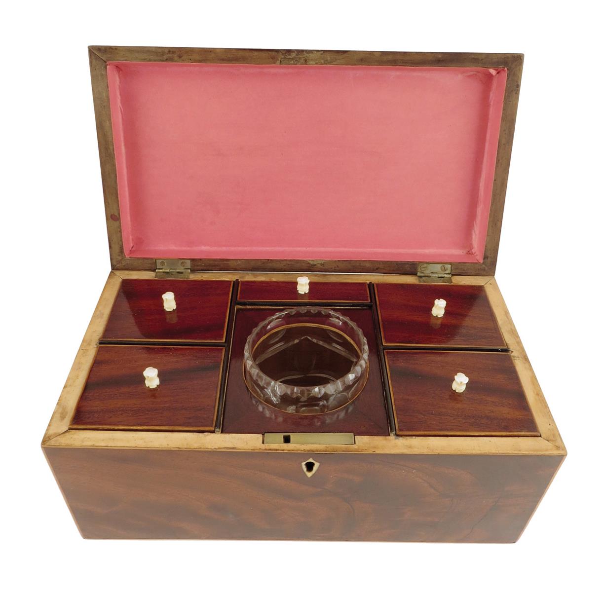 A late George III mahogany tea caddy, inlaid with boxwood stringing, the interior with five lidded - Image 2 of 2