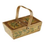 A Regency penwork and painted sewing box, decorated with leaves and fruit, with a swing handle and