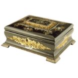 A Victorian papier-mache sewing box, inlaid with mother of pearl and with gilt highlights, the
