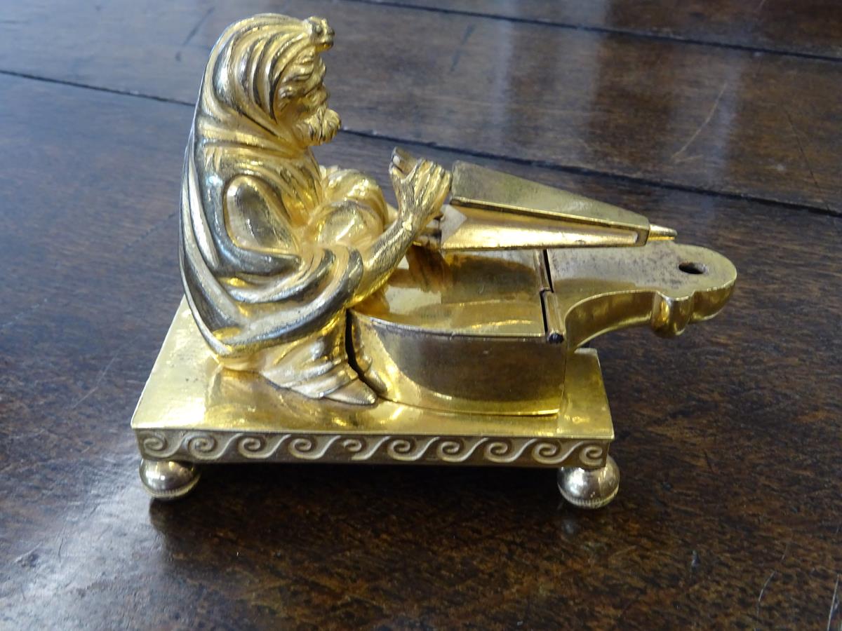 A Regency gilt bronze perfume burner attributed to Vulliamy & Son, modelled with a cloaked bearded - Image 5 of 11