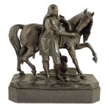 A 19th century French bronze group of Joan of Arc with her horse, the heroine dressed as a knight,