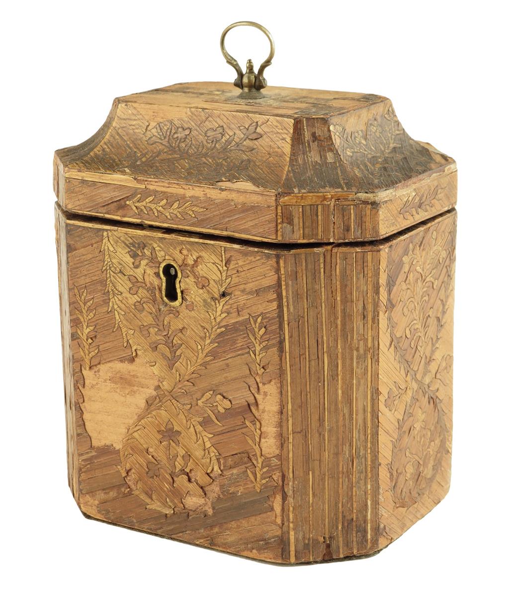 An early 19th century French Prisoner of War straw work tea caddy, the interior with a single lidded