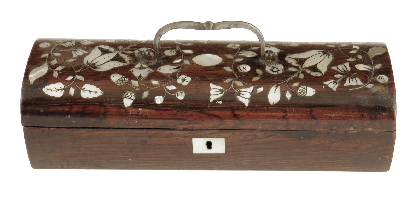 λ A 19th century continental rosewood and mother of pearl box, with a steel handle, the lid inlaid