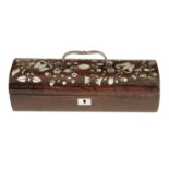 λ A 19th century continental rosewood and mother of pearl box, with a steel handle, the lid inlaid