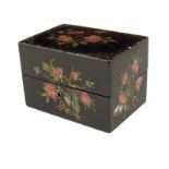 A Victorian papier-mâché scent bottle box, decorated in gilt with mother of pearl inlay flowers, the