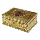 A Victorian papier-mâché box by Clay, all over decorated with gilt foliage, the lid with a