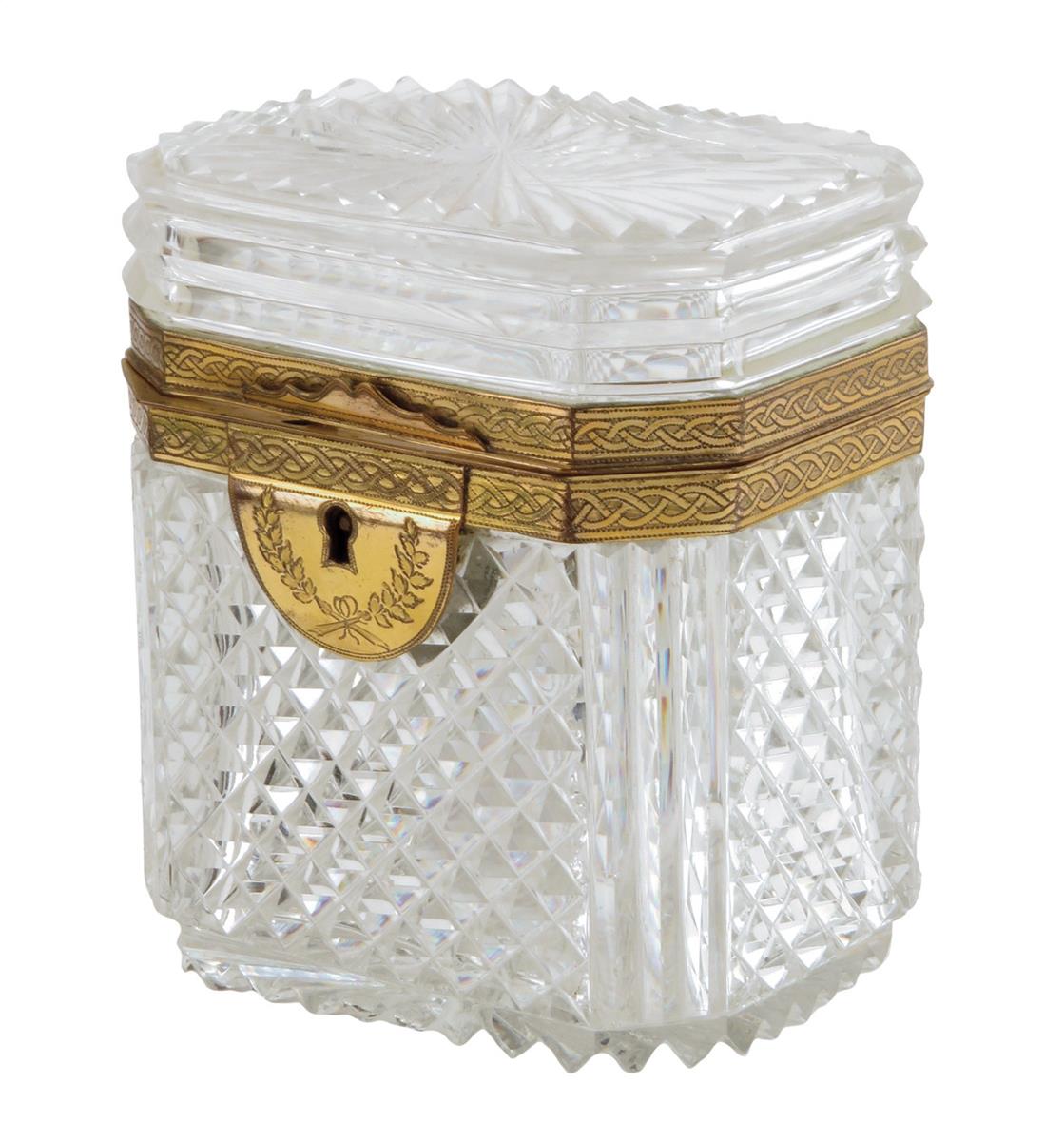 A French cut glass and gilt metal mounted casket, late 19th / early 20th century, 12.5cm high, 11.