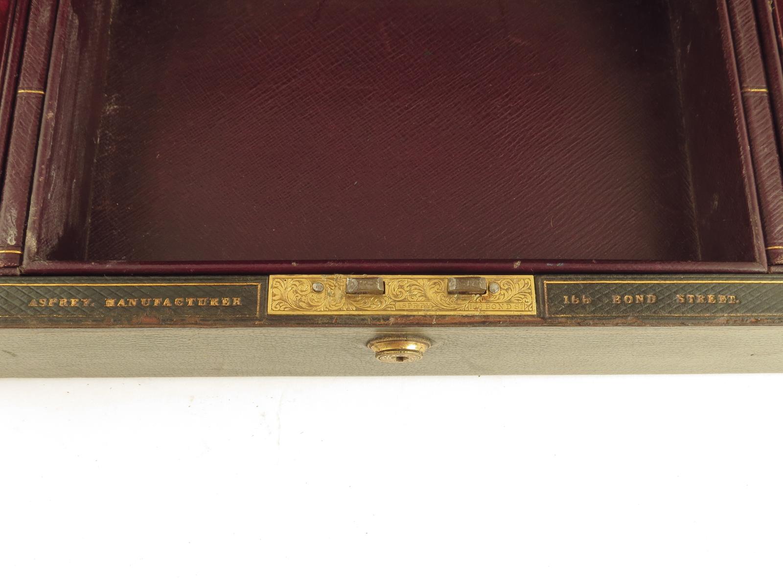 A mid Victorian green leather writing and document box by Asprey, with gilt line decoration, the lid - Image 5 of 17