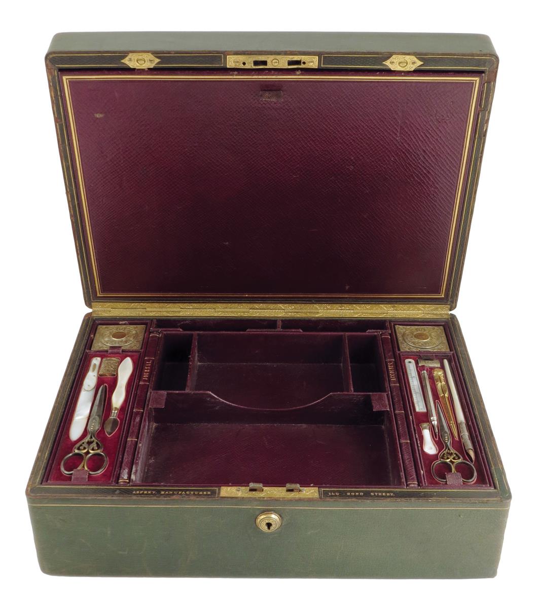 A mid Victorian green leather writing and document box by Asprey, with gilt line decoration, the lid - Image 2 of 17