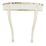 A white painted console table, the brèche violette marble top above a frieze decorated with laurel