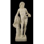 A 19th century carved marble model of Apollo, standing holding a laurel crown in his left arm and