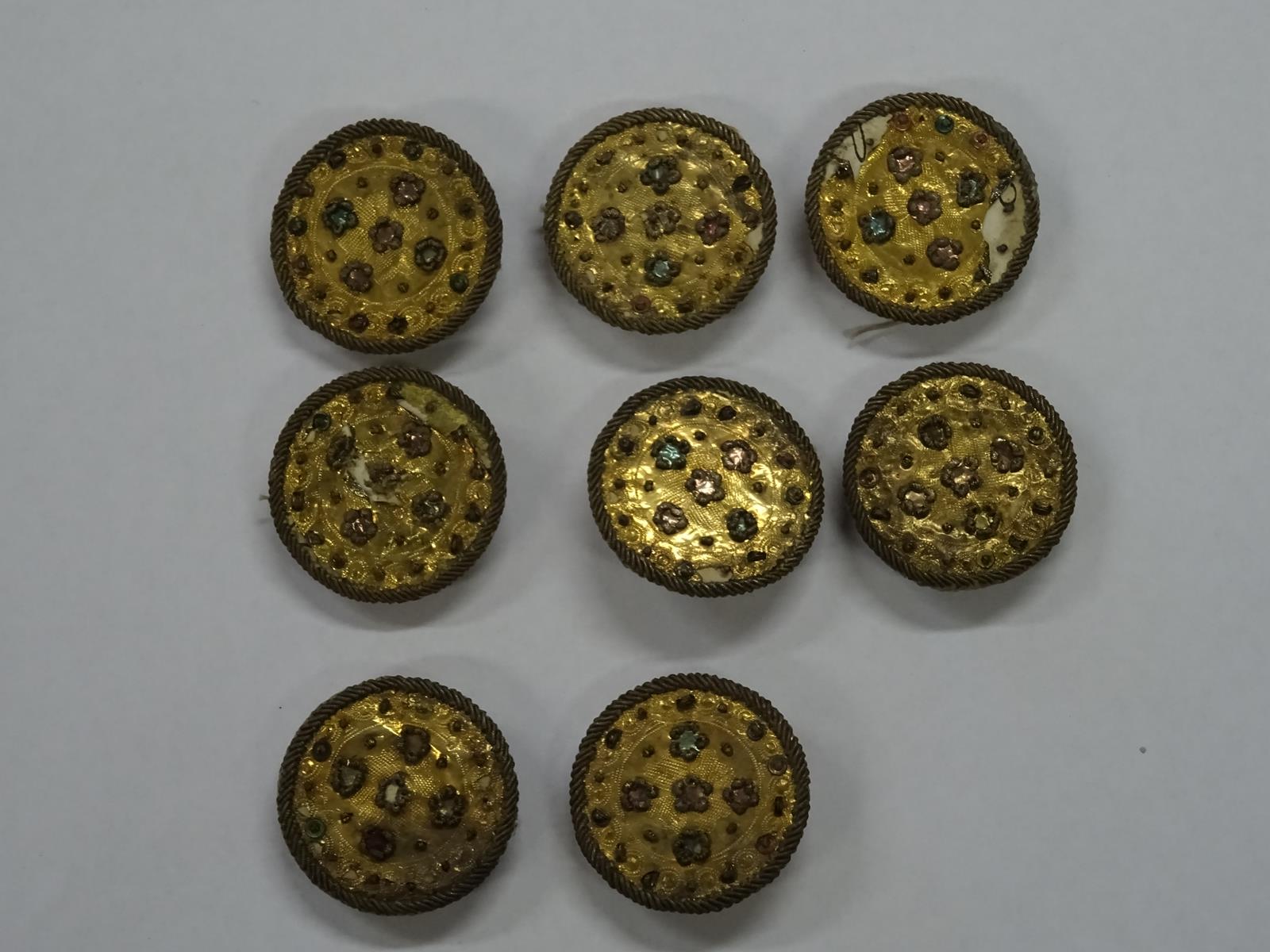 A set of eight Louis XV gilt metal foil buttons, decorated with coloured flowerheads on a cannetille - Image 2 of 5