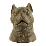 A Victorian bronze French bulldog inkwell, the hinged head revealing a pottery well,  9.9cm high.