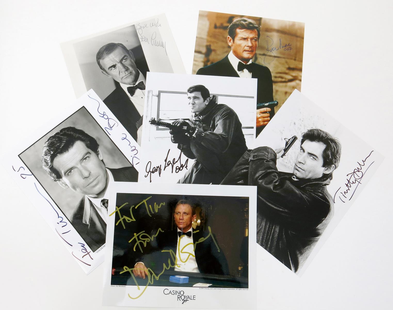 A composite set of all six James Bond promotional photographs signed by the actors, Sean Connery,