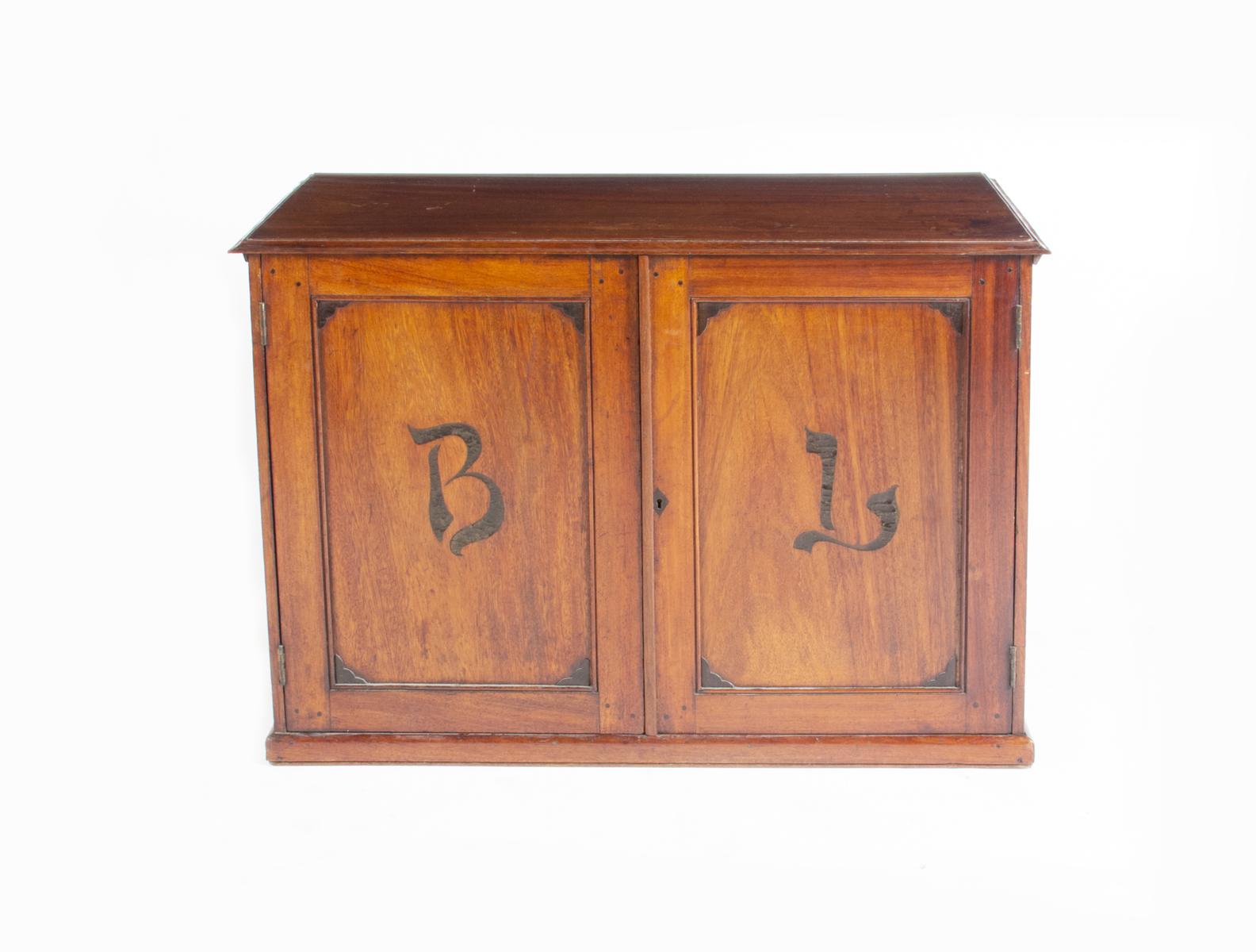 An Iroko wood  print/drawing chest with Urushi lacquer BL monogram, made for Bernard Leach (to his
