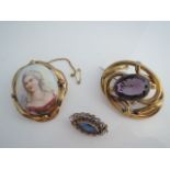 A painted cameo brooch, depicting a lady, with a scrolling pinchbeck frame; a Victorian pinchbeck