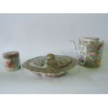 A collection of 19th century Cantonese wares comprising a cylindrical teapot and cover, an oval