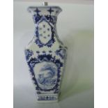 An oriental lamp base with blue and white painted character, bird and floral decoration