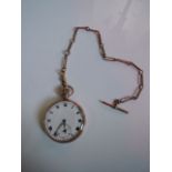 A 9ct rose gold open-faced pocket watch, the white enamelled dial with black Roman numerals,