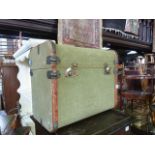 An unusual vintage green canvas and timber lathe bound travelling case with leather carrying