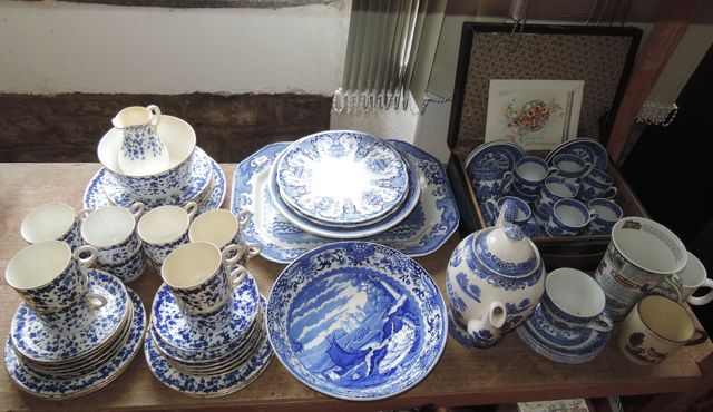 A collection of blue and white printed wares including Royal Worcester tea wares with ivy leaf
