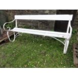 A sprung steel framed three seat garden bench with painted timber slatted seat, back rail and