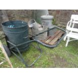 A vintage galvanised water barrow with tubular steel frame and pneumatic tyres together with a