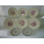 A set of six Wedgwood plates with pink printed decoration showing views at the University of
