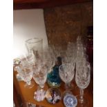 A collection of glassware to include two short Mdina glass vases of squat bulbous form with flared