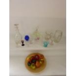 A selection of brightly coloured glass models of fruit with mottled and other decoration (9), a late