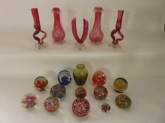 Two pairs and one other Victorian cranberry glass posy vases together with a selection of decorative