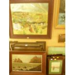 A collection of pictures and prints including an oil painting on glass panel of an eagle and its