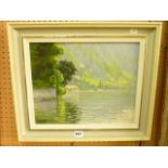 An oil painting on board by Clifford Hanney of a continental lake scene with red roofed houses,