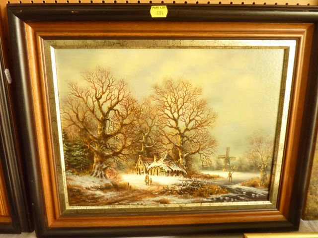 A pair of continental oil paintings on board of winter landscapes in the 19th century manner with - Image 2 of 2