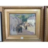 An early 20th century oil painting on board by James Humbert Craig RHA, RUA, showing a busy street