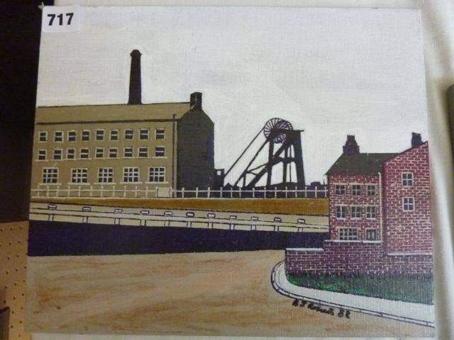 An oil painting on board of a factory scene in the manner of Lowry, signed bottom right B J