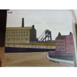 An oil painting on board of a factory scene in the manner of Lowry, signed bottom right B J