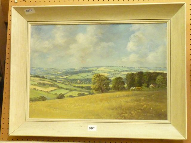 An oil painting on board of an extensive country landscape with church tower to the distance and