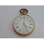 An 18ct gold open-faced pocket watch, the white enamelled dial with black Roman numerals, subsidiary