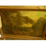 A large 19th century oil painting on canvas of a country landscape with sheep resting beneath trees,