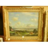 An oil painting on board of an extensive river landscape with red roofed farm buildings, hay rick,