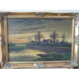 An oil painting on board of a river landscape at sunset with moored punt, distant houses, etc, 50