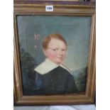 A 19th century oil painting on canvas, bust length portrait of a smiling young boy in black jacket