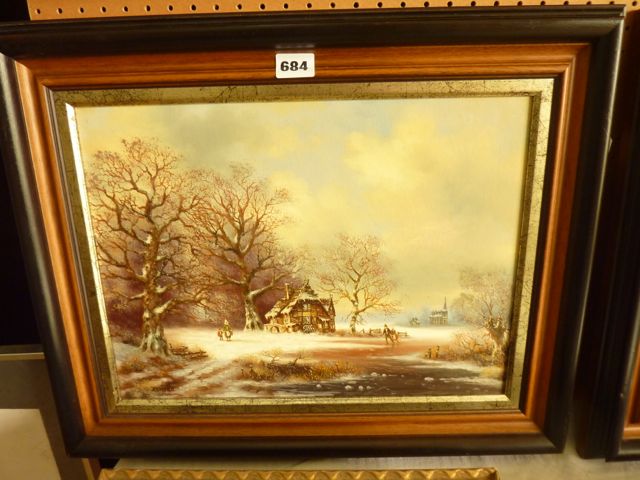 A pair of continental oil paintings on board of winter landscapes in the 19th century manner with