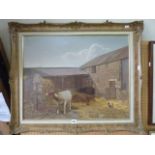 An oil painting on board of a farmyard scene with cattle, poultry, etc, signed bottom left A Weaver,