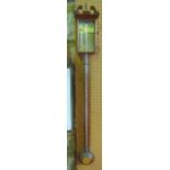 A reproduction mahogany stick barometer with brass dial, string banded and other inlaid detail,