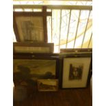 A collection of 19th/early 20th century pictures and prints including an oil painting on canvas in