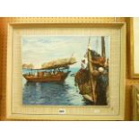 An oil painting on board of a middle eastern marine scene with fishing boats, fishermen, nets,