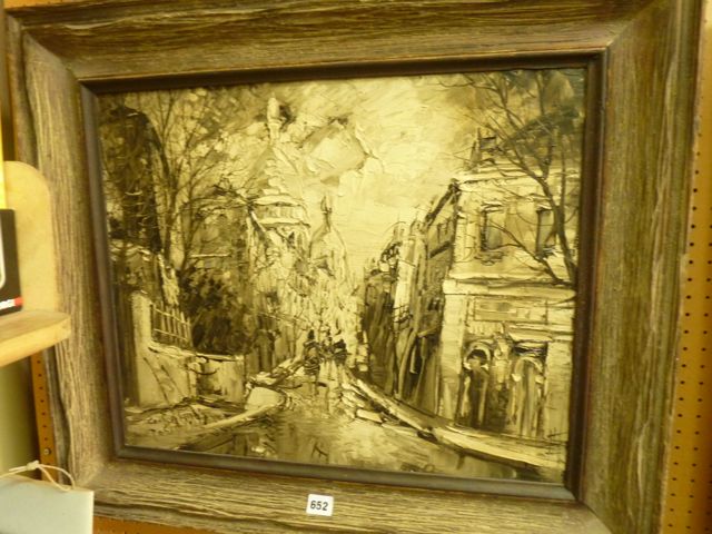 An oil painting on canvas painted en grisaille and showing a Parisian city scene, indistinctly