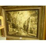 An oil painting on canvas painted en grisaille and showing a Parisian city scene, indistinctly